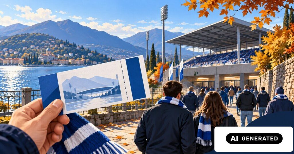 Illustrazione IA dello stadio Sinigaglia sul lago di Como con tifosi generici e un biglietto neutro.