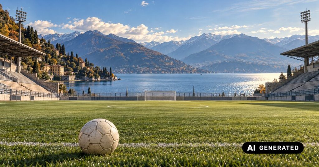 Illustrazione generata con IA di un campo da calcio affacciato sul Lago di Como, con pallone in primo piano e montagne sullo sfondo.