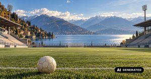 Illustrazione generata con IA di un campo da calcio affacciato sul Lago di Como, con pallone in primo piano e montagne sullo sfondo.