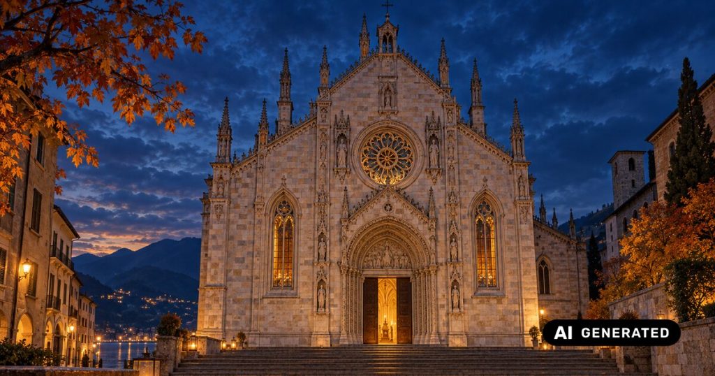 Illustrazione generata con IA del Duomo di Como al crepuscolo, con luci calde all’ingresso e atmosfera autunnale.