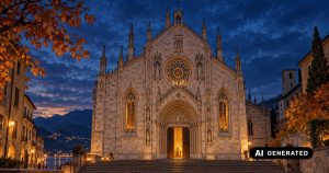 Illustrazione generata con IA del Duomo di Como al crepuscolo, con luci calde all’ingresso e atmosfera autunnale.