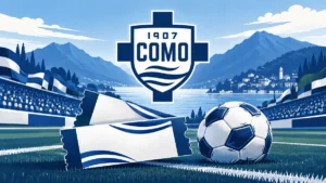 Illustrazione con stemma Como 1907, due biglietti simbolici e un pallone su un campo, tribune stilizzate, lago e montagne sullo sfondo.
