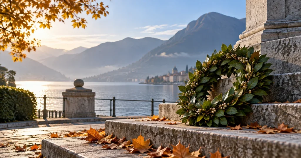 Corona d’alloro accanto a gradini in pietra, con il lago e le montagne sullo sfondo; immagine illustrativa generata con AI.