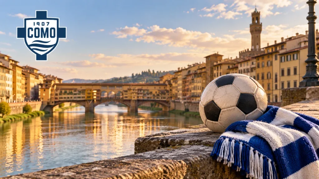 Pallone e sciarpa biancoblù su un parapetto lungo l’Arno, con Ponte Vecchio sullo sfondo e logo Como 1907 in alto a sinistra.