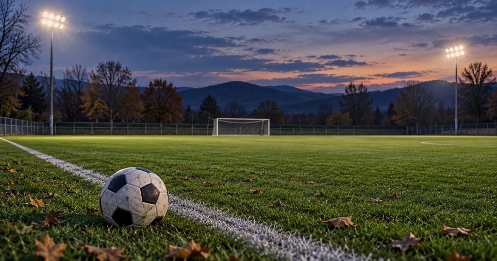 Campo da calcio generico al tramonto, con un pallone in primo piano. Immagine illustrativa generata con AI.