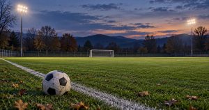 Campo da calcio generico al tramonto, con un pallone in primo piano. Immagine illustrativa generata con AI.