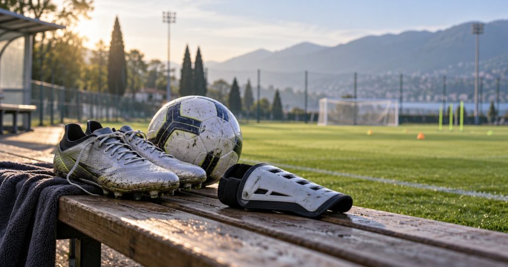 Scarpe da calcio e parastinchi appoggiati su una panchina accanto al campo
