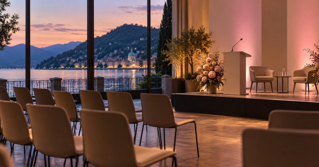 Sala conferenze vuota al tramonto, con sedie rivolte a un leggio e accenti rosa. Immagine illustrativa generata con AI.