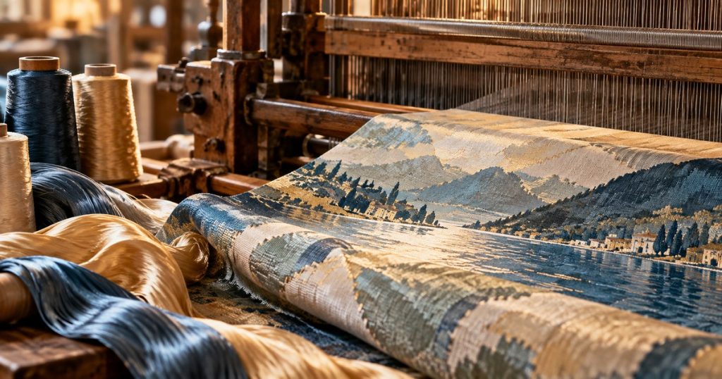Telaio Jacquard e tessuto di seta con un motivo paesaggistico del Lago di Como, immagine illustrativa generata con AI