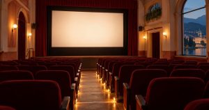 Illustrazione generata con AI di una sala cinematografica vuota e di uno schermo bianco, senza riferimenti a film o attori specifici.