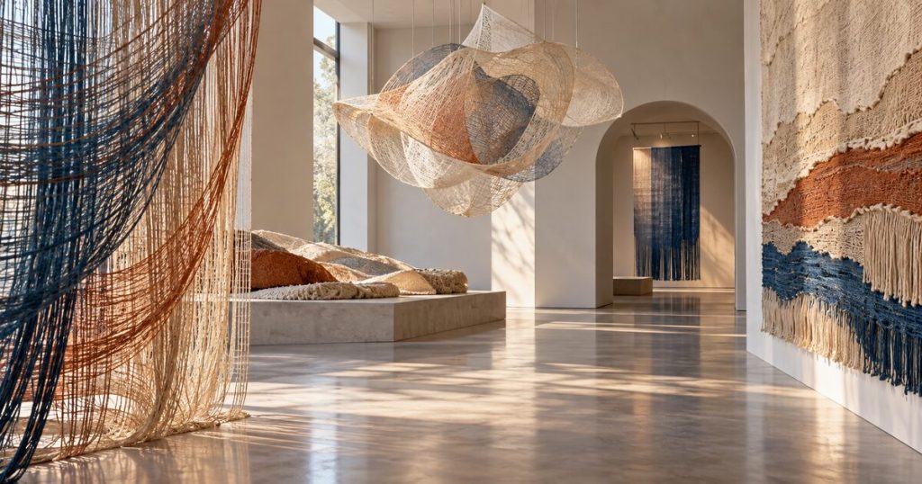 Galleria illustrativa con installazioni astratte di arte tessile, fili intrecciati e luce naturale.