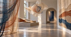 Galleria illustrativa con installazioni astratte di arte tessile, fili intrecciati e luce naturale.