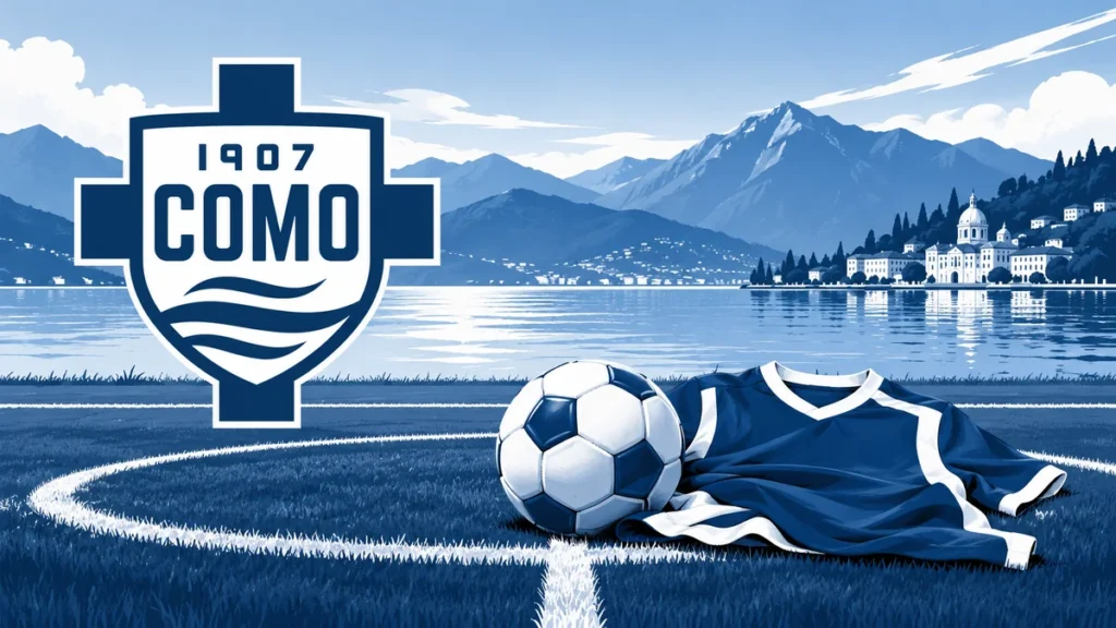 Illustrazione con stemma Como 1907, pallone e maglia blu e bianca su un campo, con lago e montagne sullo sfondo.