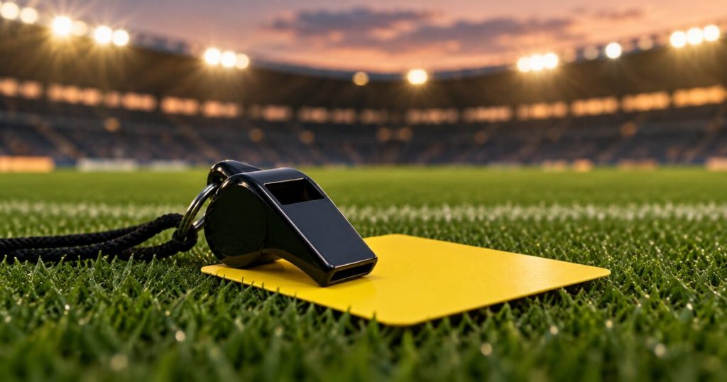 Illustrazione generata con AI: fischietto e cartellino giallo su un campo da calcio, senza riferimenti a squadre o a una partita reale.