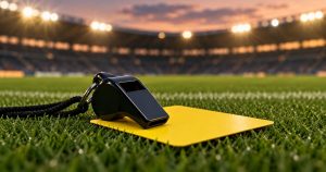Illustrazione generata con AI: fischietto e cartellino giallo su un campo da calcio, senza riferimenti a squadre o a una partita reale.