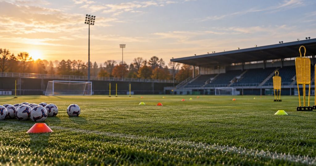 Illustrazione AI: campo da calcio vuoto con palloni e attrezzatura di allenamento al mattino.