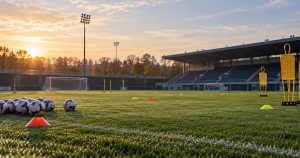Illustrazione AI: campo da calcio vuoto con palloni e attrezzatura di allenamento al mattino.
