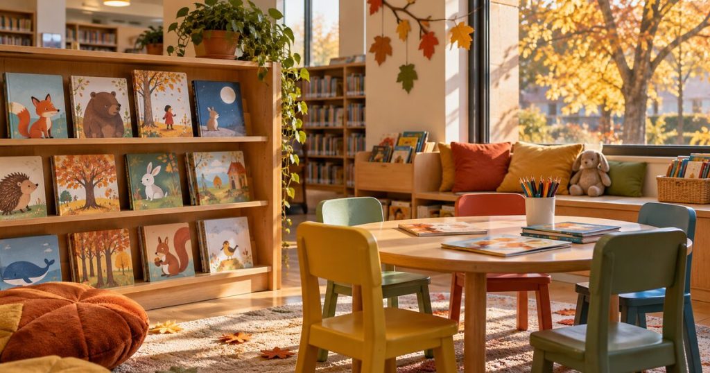 Illustrazione AI: angolo di biblioteca per bambini con libri illustrati e decorazioni autunnali.