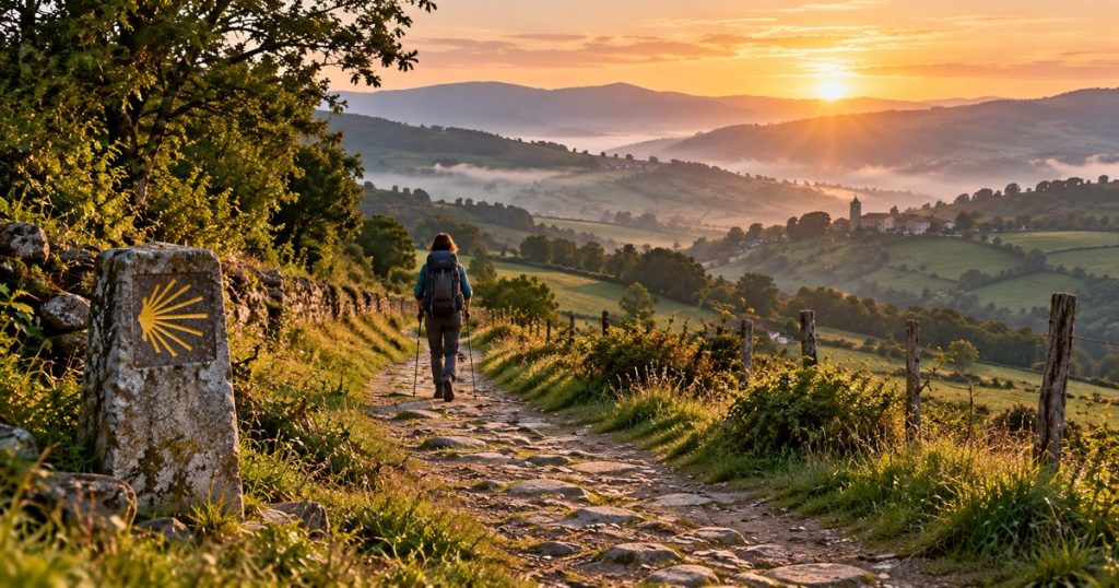 Sentiero del Cammino di Santiago tra colline verdi all’alba, con un camminatore visto da lontano; immagine illustrativa generata con AI.