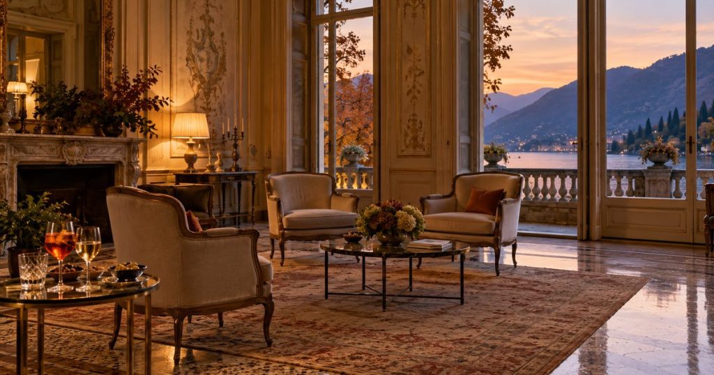 Salone storico preparato per un incontro culturale serale, immagine illustrativa generata con AI.