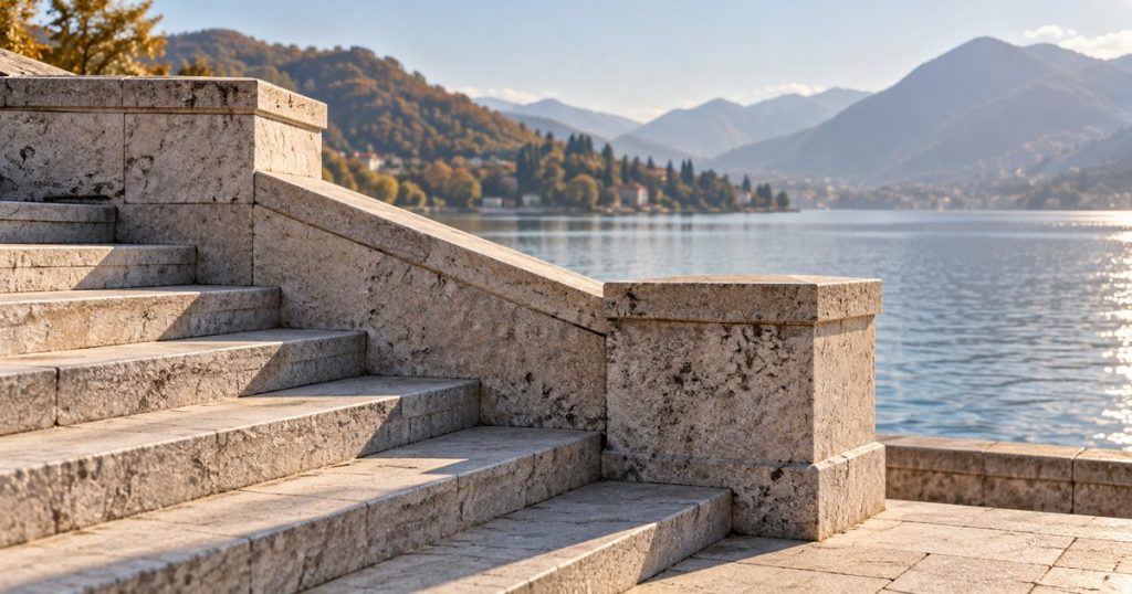 Scalinata e parapetto di pietra in un paesaggio lacustre immaginario. Immagine illustrativa generata con AI.