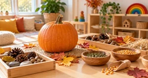 Zucca e materiali autunnali disposti su un tavolo per un’attività sensoriale, immagine illustrativa generata con AI.